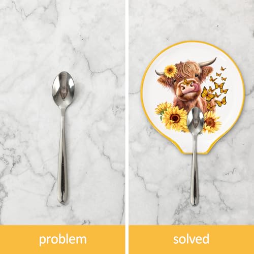 Highland Cow Spoon Rest with Sunflower & Butterfly Design - 4.7in