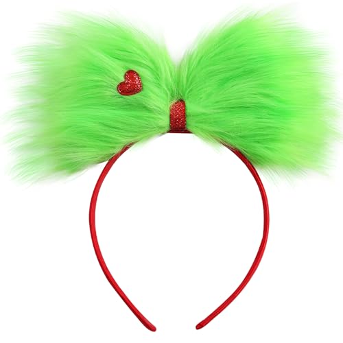 Green Furry Hair Bow Headband for Women - Large Christmas Hair Accessory