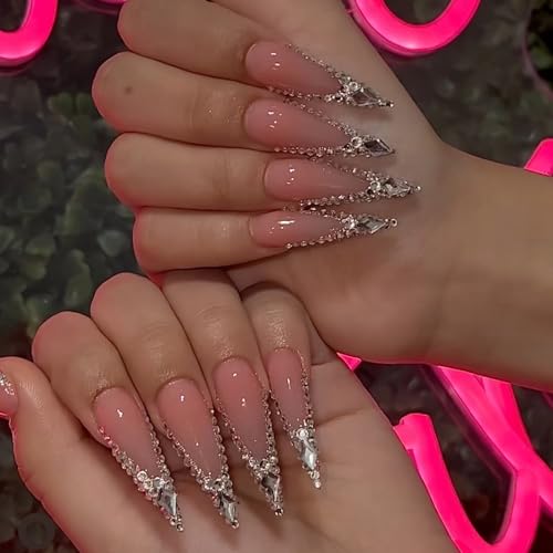 MISUD Long Stiletto Press-On Nails Nude with Bling Glitter 24 pcs - Model 05006-01Nude