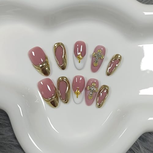 Almond Press On Nails XS - Platinum French 3D Cross Charm
