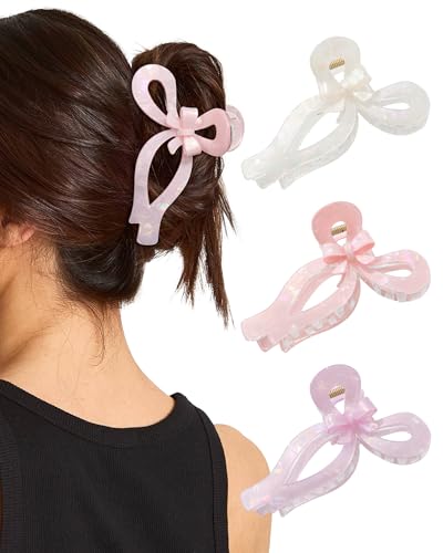 Molans 3pcs Bow Hair Clips for Women - White/Pink/Purple, Cute Thick Hair Claw Accessories