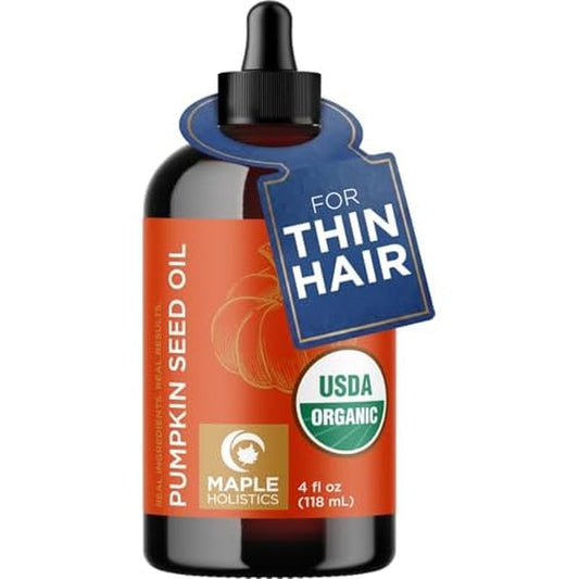Maple Holistics Pumpkin Seed Oil Organic Certified - 100% Pure Organic Pumpkin Seed Oil for Hair and Anti Aging Face Oil - USDA Organic for Dry Hair and Volume - Virgin Cold Pressed & Unrefined (4oz)