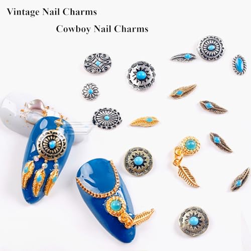 50 PCS Western Turquoise Nail Charms - 3D Cowboy Metal Nail Art Gems