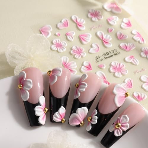5D Embossed Flower Nail Stickers - Pink & White Floral Decals