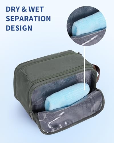 WANDF Medium Travel Toiletry Bag for Men - Green Canvas Dopp Kit with Wet Pocket