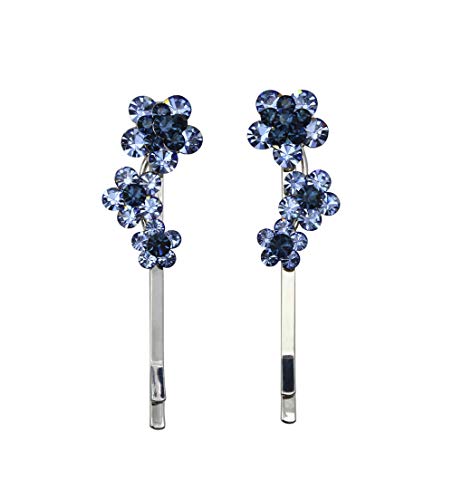 Navy Blue Rhinestone Floral Hair Clips - Elegant Crystal Bobby Pins (Set of 2)
