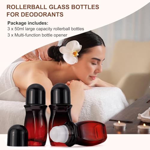 JIUWU 3 Pack 50ml Glass Roller Bottles - Red-Black Gradient, Leak-Proof & Refillable for Essential Oils, Perfumes, and Deodorants
