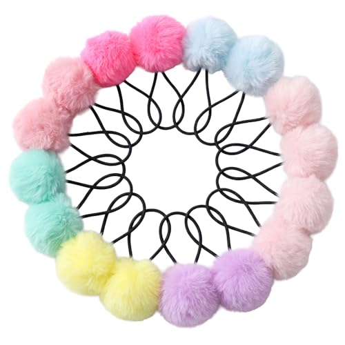 Pom Pom Hair Ties 16 Pack for Girls & Women Soft Fluffy Elastic Hair Accessories