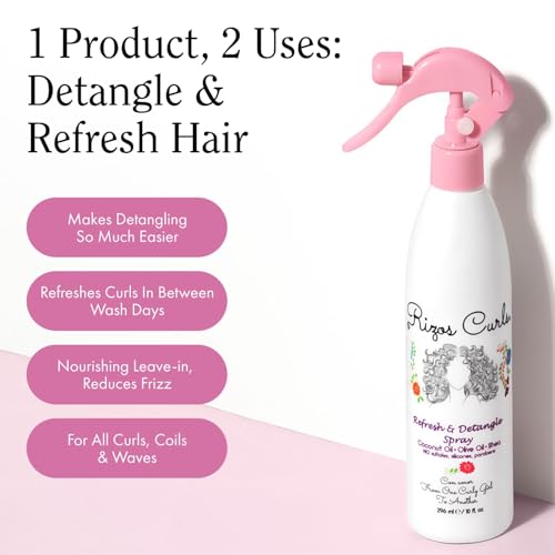 Rizos Curls Travel Refresh & Detangle Spray - Moisturizing Leave-In with Coconut Oil, Aloe Vera & Shea Butter, 2.5 oz