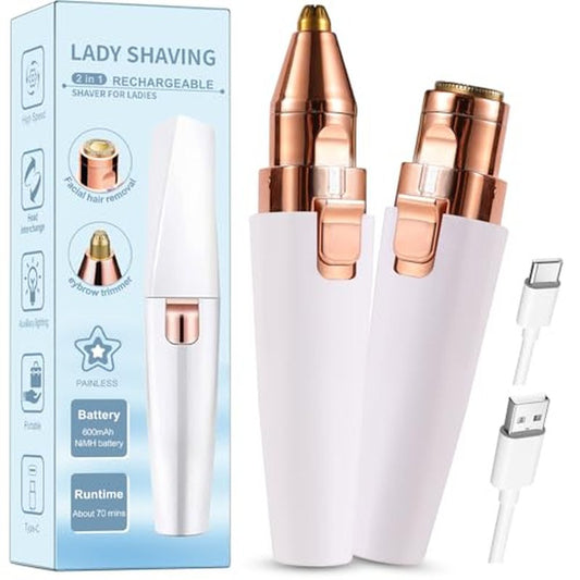 Facial Hair Removal for Women,2 in 1 Electric Hair Removal Device for Chin Upper Lip Peach Fuzz & Rechargeable Eyebrow Trimmer with LED Light for Precise Shaping