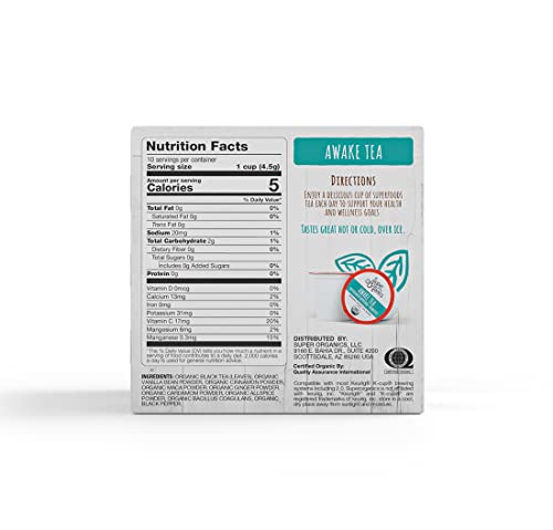 Super Organics Awake Black Tea Pods - Organic Chai Tea K-Cups with Probiotics, 10ct