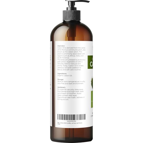 Velona USDA Organic Castor Oil 16 fl oz, Cold Pressed with Pump - Organic Castor Oil
