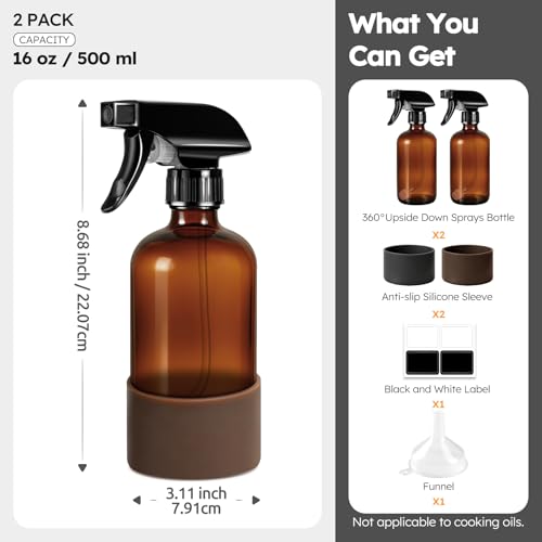 Tecohouse 360° Glass Spray Bottles with Silicone Sleeves - 16oz, 2 Pack