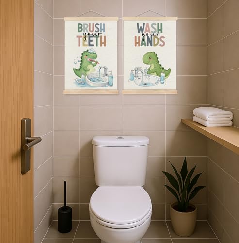 Dinosaur Bathroom Wall Art Set of 2 - Cute Canvas Prints 12x16