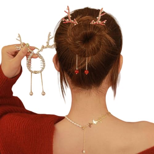 Reindeer Christmas Hair Clips 2Pcs, Ponytail & Bun Holders, Rhinestone Pearl Design