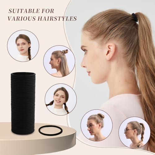 Black Elastic Hair Ties 4mm Pack of 50, Durable Ponytail Holders for Kids & Women