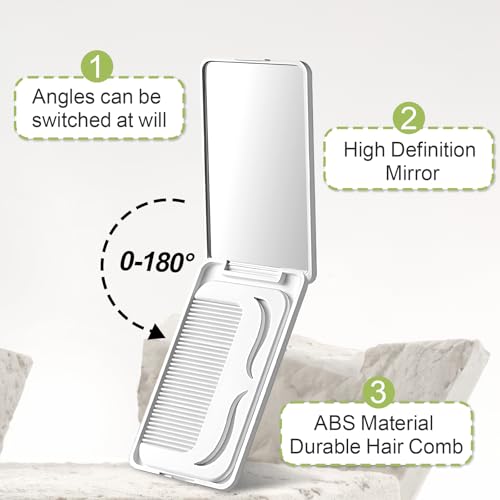 Jurrissa Protable Folding Mirror with Case, White – 2-in-1 Travel Compact Mirror & Hair Comb