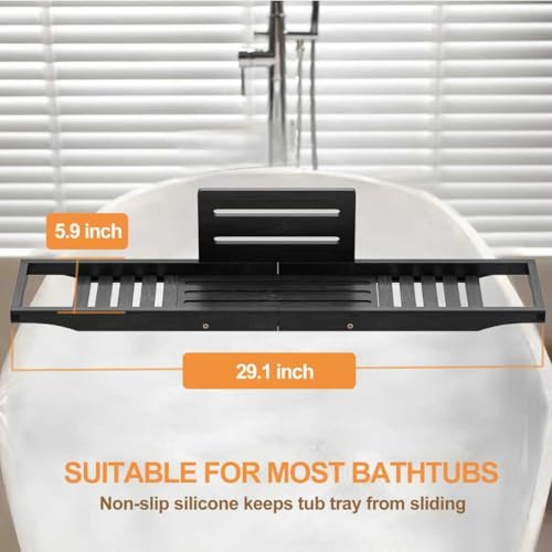 Teakhzct Black Bamboo Bathtub Tray Caddy for Tub - Waterproof Bath Table