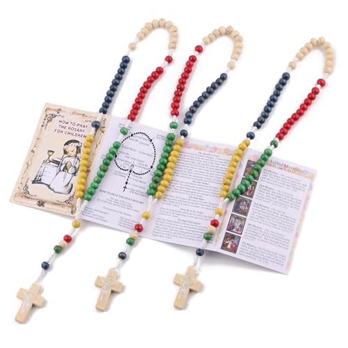 Luomu Multicolor Wooden Bead Rosary Set - 3 Child-Friendly Rosaries with Holy Card
