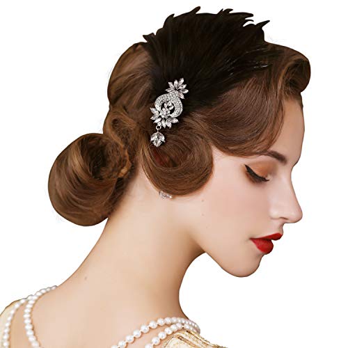 SWEETV 1920s Feather Flapper Headband & Hair Clip for Gatsby Party