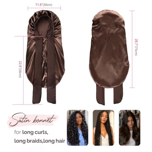 Large Brown Silk Feeling Sleep Bonnet for Long Hair & Braids - Secure Fit