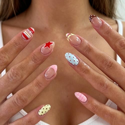 Medium Almond Press-On Nails with Polka Dots & Stripes - 24 Pcs