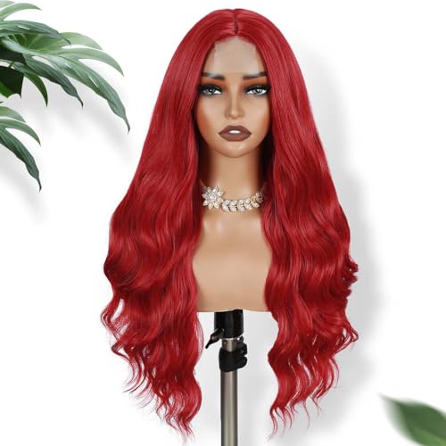 Bright Red Long Wavy Wig for Women - Heat Resistant Synthetic Hair