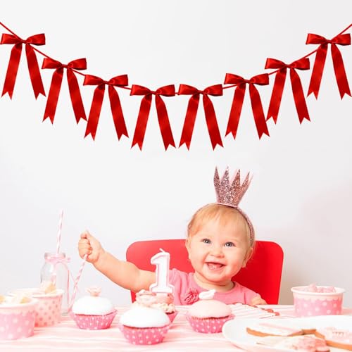 Red Bow Garland Banner Decoration - 6.7FT Pre-Strung Satin Ribbons