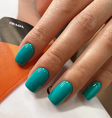 Cyan Square Press-On Nails - 24 Pcs Glossy Acrylic Fake Nails