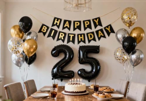 25th Birthday Decorations Set for Men - Black, Gold & Silver Balloons