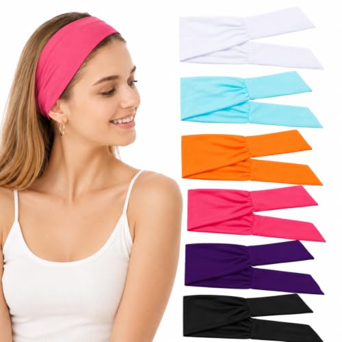 WILLBOND 6 Pack Solid Adjustable Wide Headbands for Women, Sport & Casual