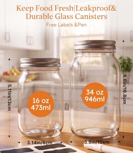 16 oz Mason Jars with Lids - 4 Pack Clear Glass Storage Containers