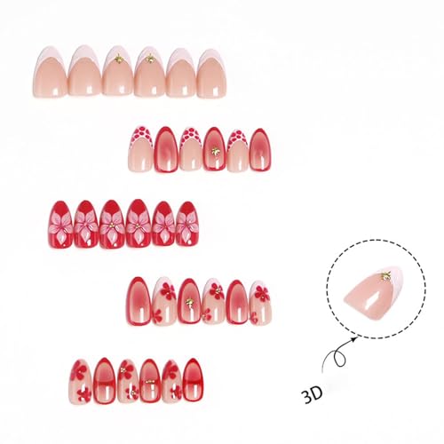 STADWWK 30Pcs Short Almond Press On Nails with 3D Flower Bead Stars Design, Reusable Pink Nude Fake Nails for Summer Manicure