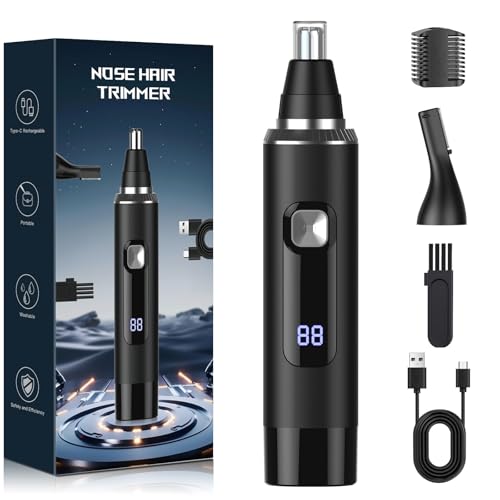 Ginity Nose Hair Trimmer for Men, 2-in-1 Rechargeable Ear and Nose Hair Trimmer with LED Display, IPX7 Waterproof Painless Precision Groomer, Type-C Charging, Professional Dual-Edge Blades£¨Black£©