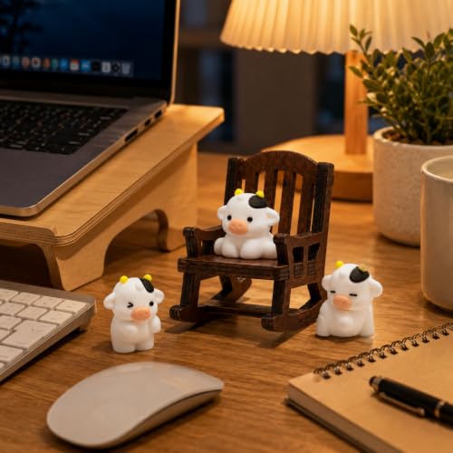 Mini Cow Figurines with Wooden Rocking Chair Desk Decoration