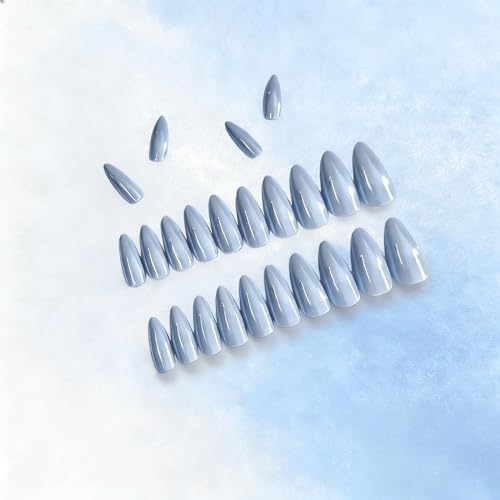 SXVME Sky Blue Chrome Press On Nails - Almond Shape, 24 Pcs