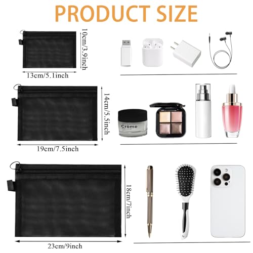 3-Piece Mesh Zipper Pouch Makeup Bag Set - Portable Organizers