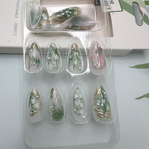 Green Almond Press-On Nails with 3D Pearl Rhinestones - 24 Pcs