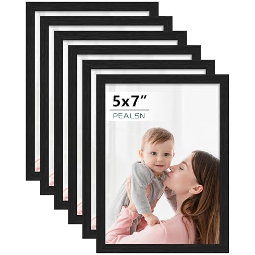 PEALSN 5x7 Picture Frame Set of 6 - Black Woodgrain, Modern Design for Wall & Tabletop