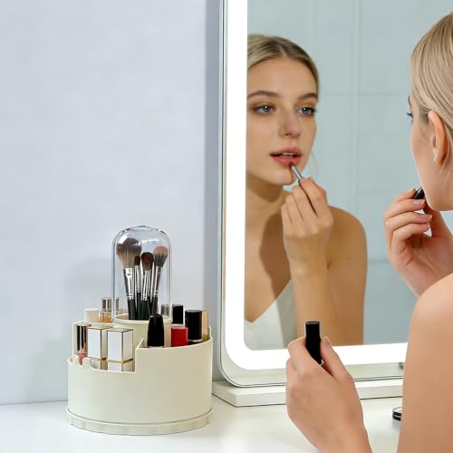 360 Rotating Makeup Organizer with Dust-Proof Lid - Beige
