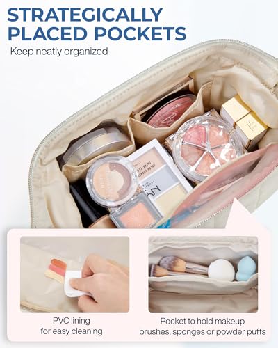 BAGSMART Puffy Makeup Bag - Wide-Open Travel Toiletry Organizer, Beige