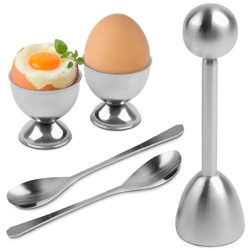 Stainless Steel Soft Boiled Egg Holder Set with Spoons - 2 Pcs