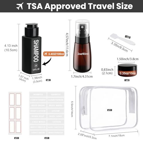 Decorniqu Black Travel Bottles Set 14pcs TSA Approved Toiletry Containers