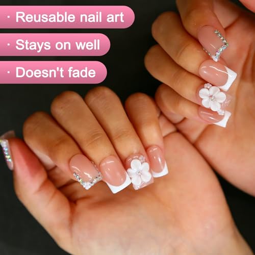 ARTIXY Short Square Press On Nails, Reusable French 3D Acrylic Fake Nails