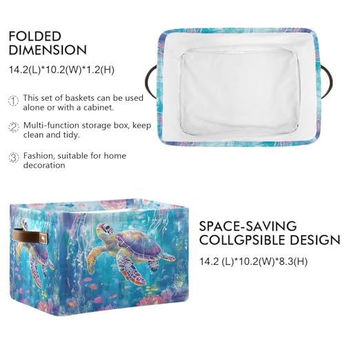 Foldable Storage Basket with Handles - Watercolor Turtle & Jellyfish Design