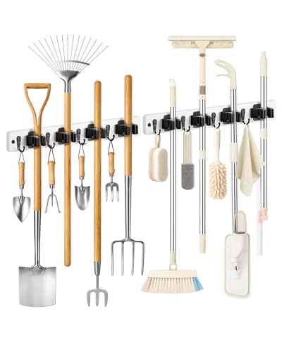 Lorbro Broom Holder Wall Mount - 2 Pack Wooden Organizer with 4 Slots & Hooks