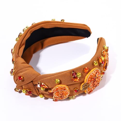 Pumpkin Beaded Thanksgiving Headband - Jeweled Knotted Fall Hair Accessory