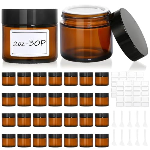 Amber Glass Jars with Lids 2 oz Set of 30 with Labels & Spatulas - AstrivixDD