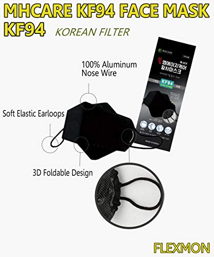 FLEXMON Pack of 10 Black KF94 Disposable Face Masks - 4-Layer, Breathable, Adjustable