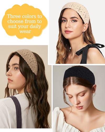 3 Pack Boho Crochet Headbands for Women - Adjustable Hair Accessories